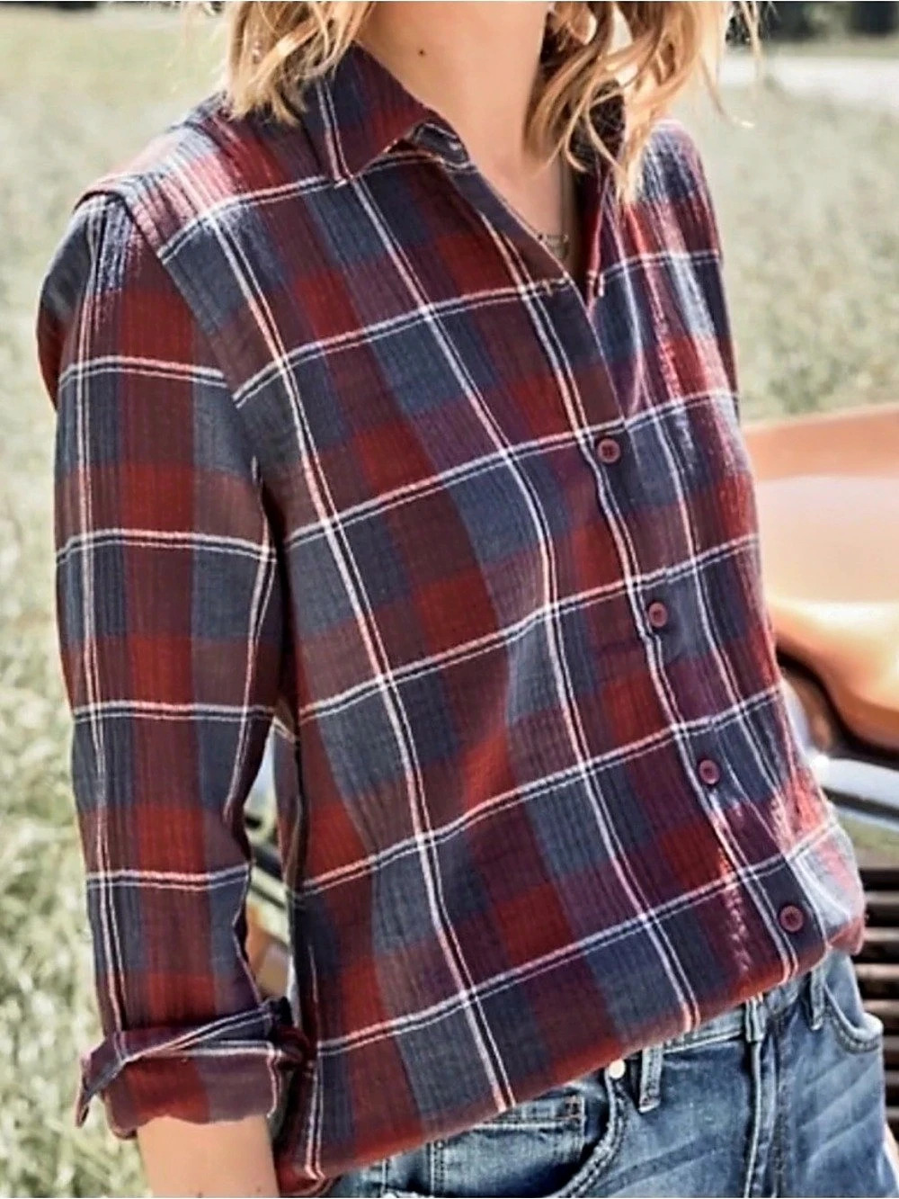 Garnet Hill Women's Plaid Organic Cotton Shirt Button Up Size 10 Large